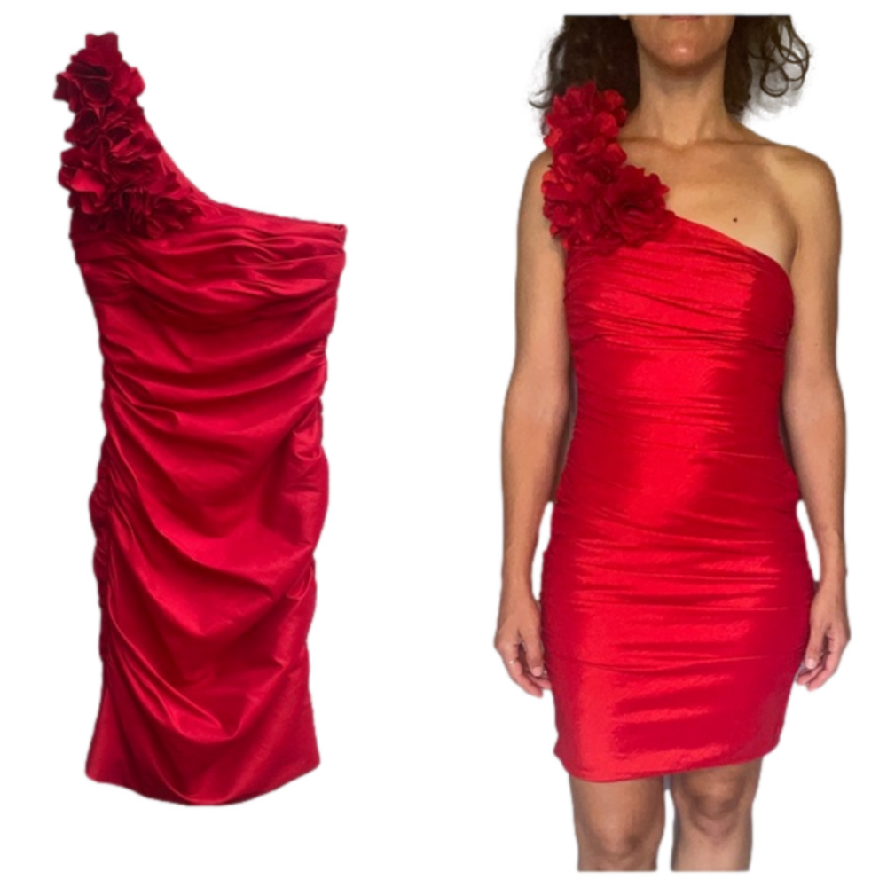 Hailey by Adrianna Papell Red Ruched Rosette One Shoulder Sheath Dress Size 4/S